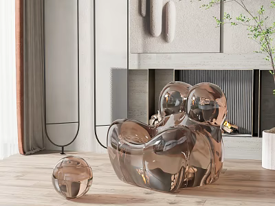 Transparent Acrylic Single Sofa With Round Ottoman Wooden Floor And Fireplace In Modern Interior 3d model