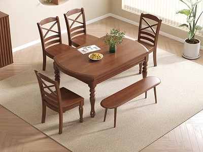 Wooden Dining Table Set With Four Chairs And Bench Flower Vase Fruit Plate Cozy Room 3d model