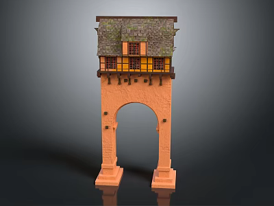 Traditional Archway with Arched Gate and Decorative Roof Orange and Gray Exterior Architectural Design 3d model