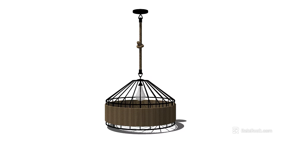 Modern Woven Rattan Chandelier With Circular Metal Frame And Hanging Rope 3d model 