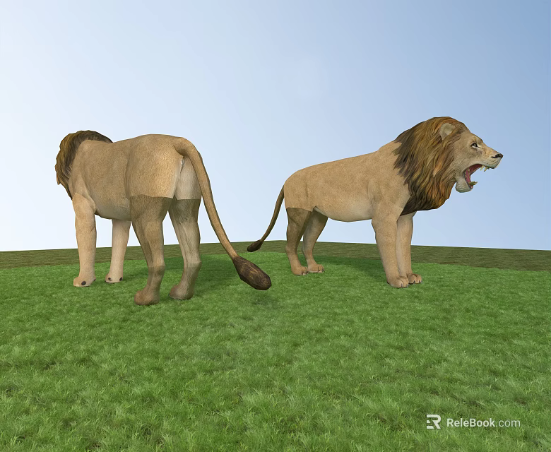 Two Reptile Lizards Standing On Green Grass One Facing Backward One Opening Mouth 3d model 
