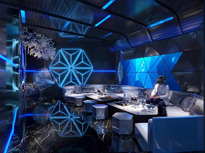 Stylish Modern KTV Interior With Blue LED Lighting Comfortable Sofa Seats And Decorative Tables 3d model