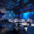 Stylish Modern KTV Interior With Blue LED Lighting Comfortable Sofa Seats And Decorative Tables