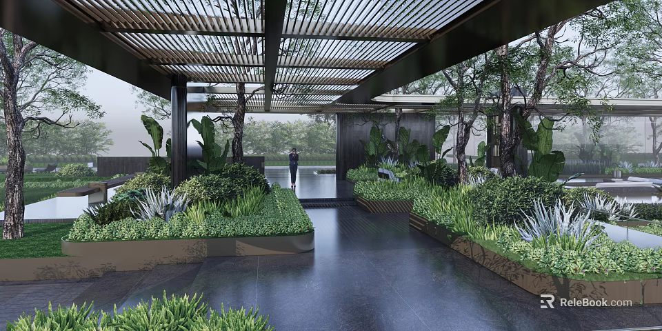 Modern Wooden Lattice Pergola With Lush Greenery And Outdoor Garden Path 3d model 