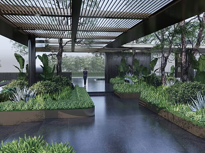 Modern Wooden Lattice Pergola With Lush Greenery And Outdoor Garden Path 3d model