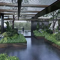 Modern Wooden Lattice Pergola With Lush Greenery And Outdoor Garden Path