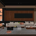 Natural Wooden Living Room Interior With Dark Slatted Panel Light Beige Sofa And Rattan Chair