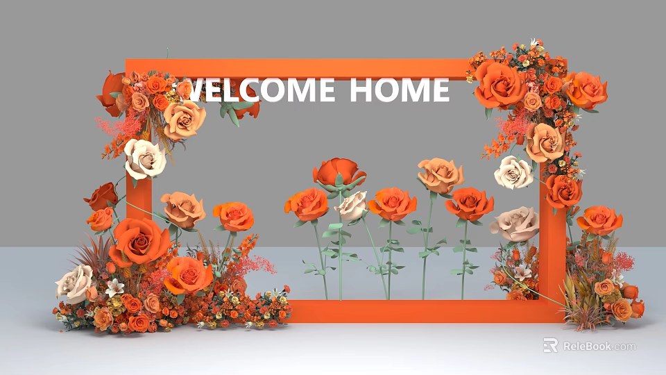 Floral Display with Orange Frame Welcome Home Sign and Orange White Roses Decorative Setup 3d model 
