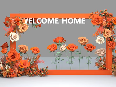 Floral Display with Orange Frame Welcome Home Sign and Orange White Roses Decorative Setup 3d model