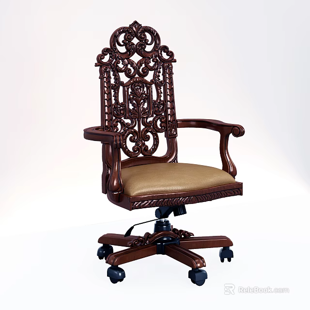 Carved Wooden Office Chair With Beige Padded Seat Armrests And Adjustable Wheel Base 3d model 