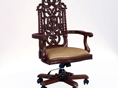 Carved Wooden Office Chair With Beige Padded Seat Armrests And Adjustable Wheel Base 3d model
