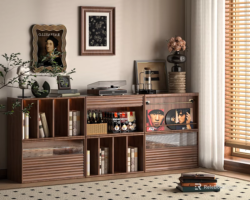 Vintage Wooden Storage Cabinet with Books Wine Bottles Decorations and Plants Near Window 3d model 