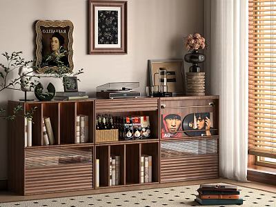 Vintage Wooden Storage Cabinet with Books Wine Bottles Decorations and Plants Near Window 3d model