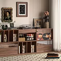Vintage Wooden Storage Cabinet with Books Wine Bottles Decorations and Plants Near Window