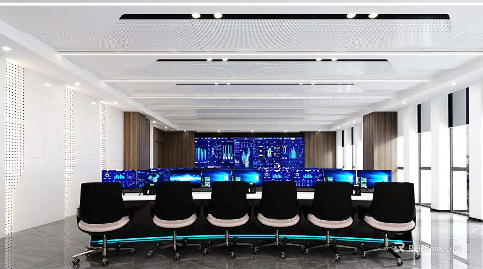 Modern Control Room Interior Featuring Multiple Monitoring Screens Console And Black Chairs 3d model 