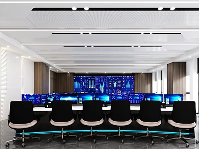 Modern Control Room Interior Featuring Multiple Monitoring Screens Console And Black Chairs 3d model