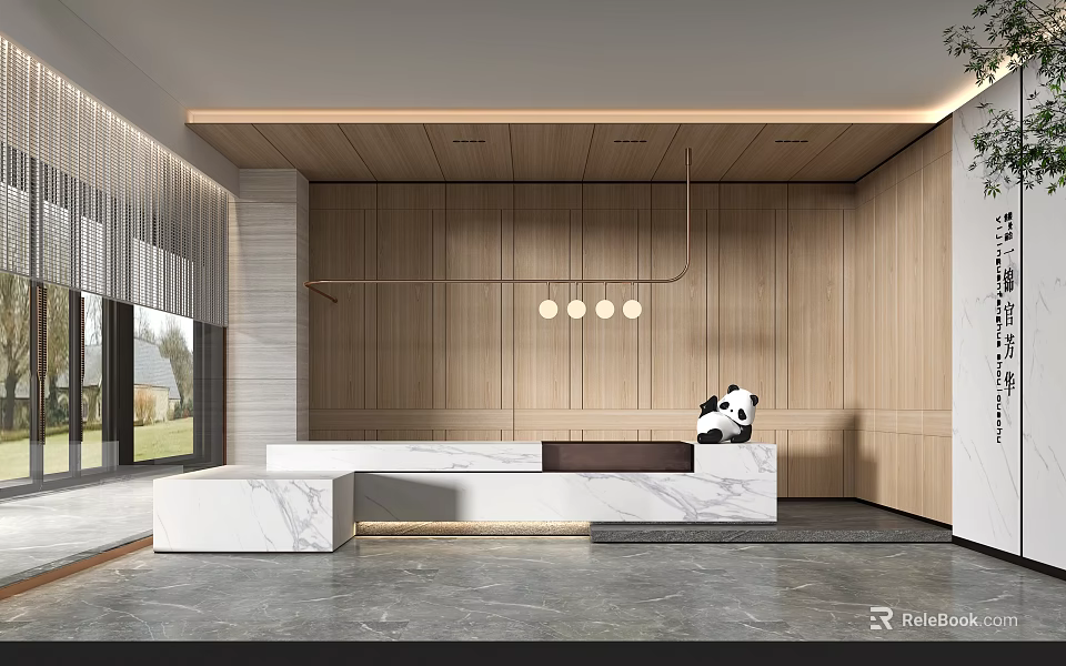 Modern Store Front Desk Interior Design With Wooden Wall Marble Countertop And Lighting 3d model 