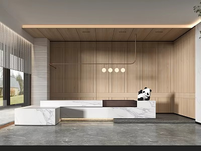 Modern Store Front Desk Interior Design With Wooden Wall Marble Countertop And Lighting 3d model
