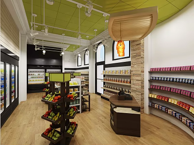 Spacious Grocery Store Interior With Fresh Fruit Shelves Beverage Coolers And Product Displays 3d model