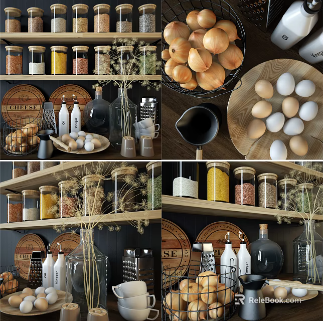 Organized Glass Spice Jars for Kitchen Storage on Wooden Shelves with Various Spices 3d model 
