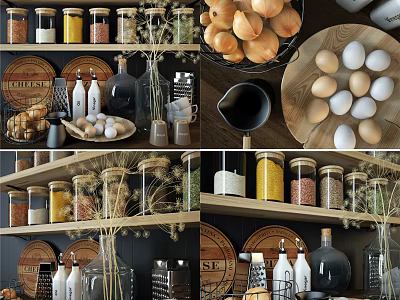 Organized Glass Spice Jars for Kitchen Storage on Wooden Shelves with Various Spices 3d model