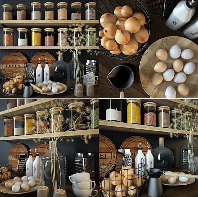 Organized Glass Spice Jars for Kitchen Storage on Wooden Shelves with Various Spices 3d model