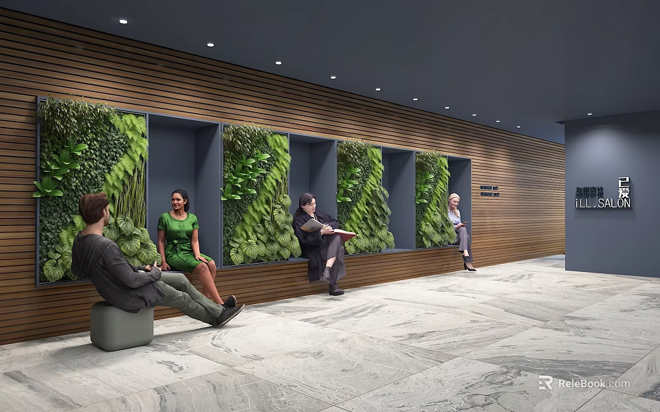 Modern Beauty Hair Salon Waiting Area With Living Plant Wall Wooden Decor And Marble Floor 3d model 