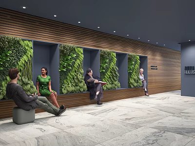 Modern Beauty Hair Salon Waiting Area With Living Plant Wall Wooden Decor And Marble Floor 3d model