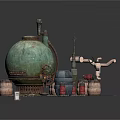 Green Spherical Industrial Equipment With Pipes Wooden Barrels Metal Drums Platform And Small Parts
