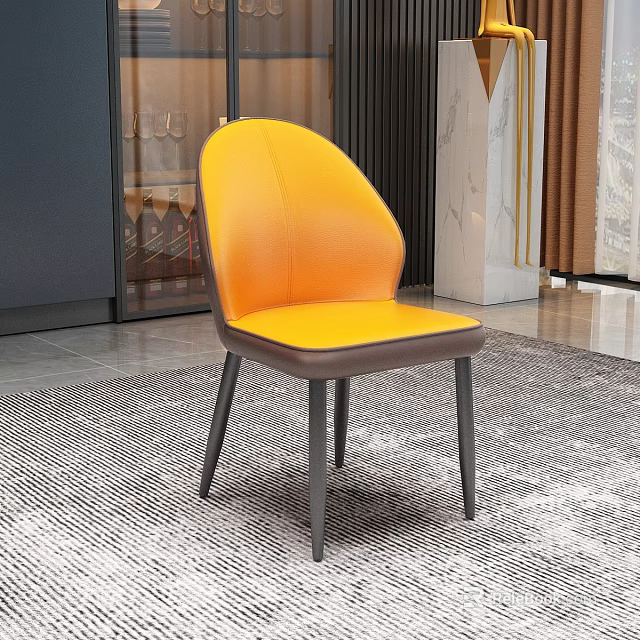 Modern Orange Leather Dining Chair With Black Metal Legs On Carpeted Floor 3d model 