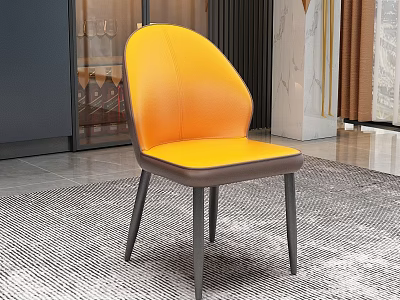 Modern Orange Leather Dining Chair With Black Metal Legs On Carpeted Floor 3d model
