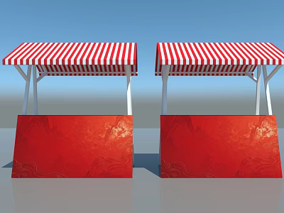 Outdoor Market Stalls With Red And White Striped Canopies And Red Display Boards 3d model