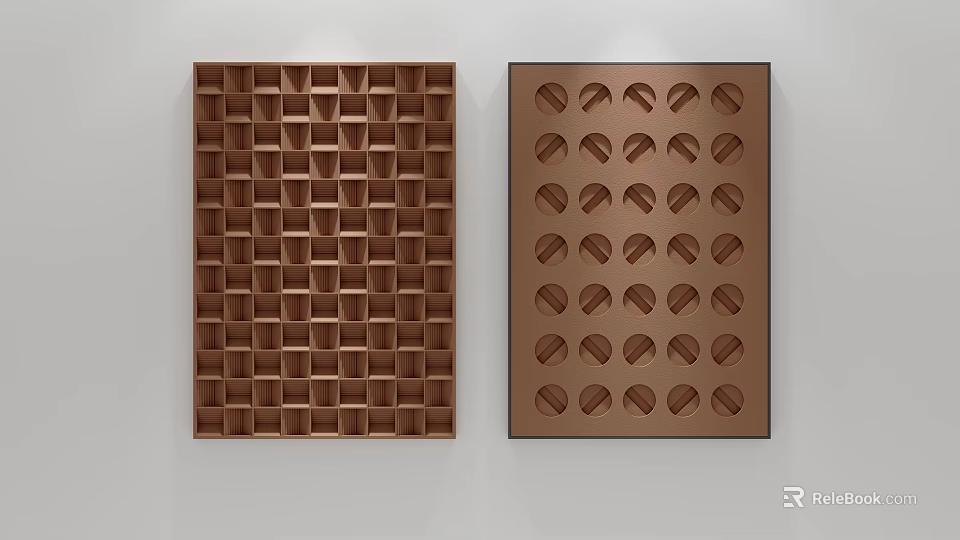 Brown Abstract Paintings With Square Grid And Circular Patterns Hanging On Wall 3d model