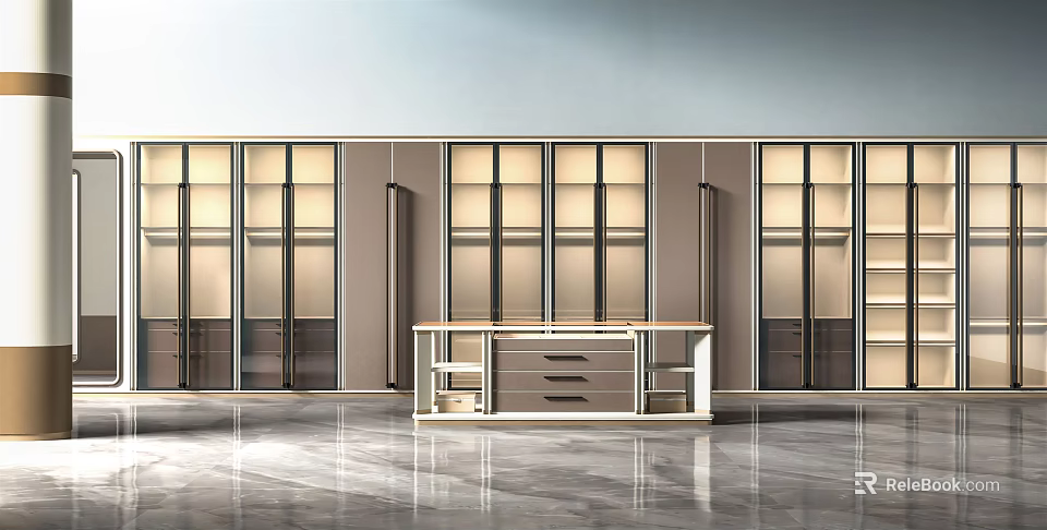 Modern Wardrobe Interior Design With Glass Panel Doors And Central Storage Table 3d model