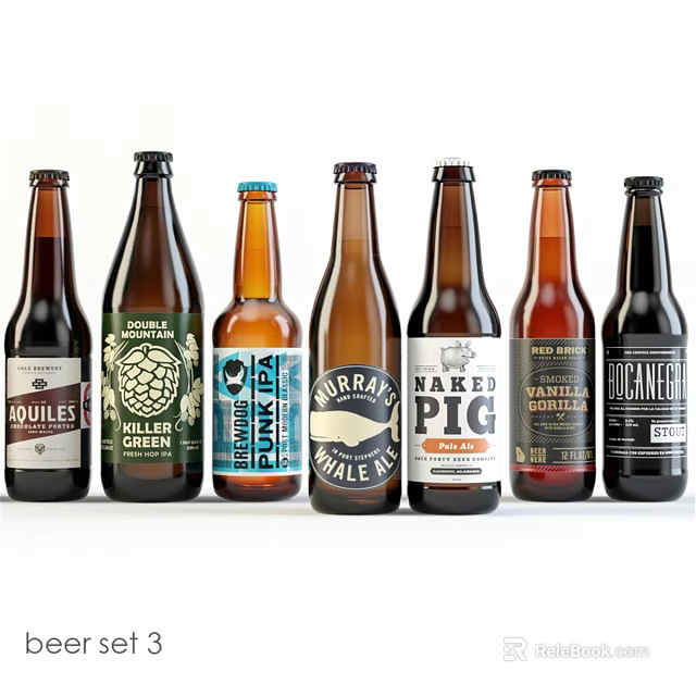 Assorted Craft Beer Bottles With Different Brand Labels On White Background 3d model 