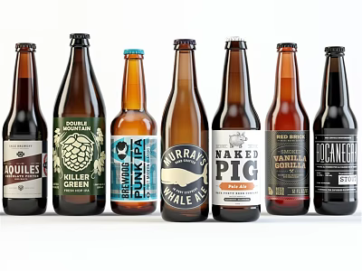 Assorted Craft Beer Bottles With Different Brand Labels On White Background 3d model