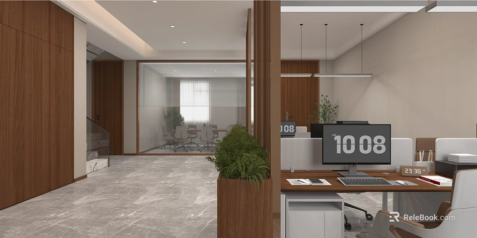 Modern Office Interior Design With Open Layout Glass Partition Marble Floor And Green Plants 3d model 