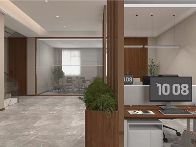 Modern Office Interior Design With Open Layout Glass Partition Marble Floor And Green Plants 3d model