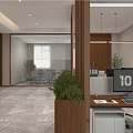 Modern Office Interior Design With Open Layout Glass Partition Marble Floor And Green Plants