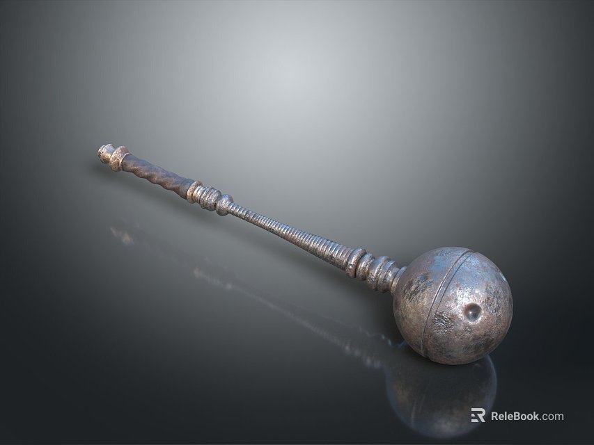 Ancient Weapon With Spherical Metal Hammer Head And Long Decorative Handle With Intricate Patterns 3d model 