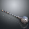 Ancient Weapon With Spherical Metal Hammer Head And Long Decorative Handle With Intricate Patterns