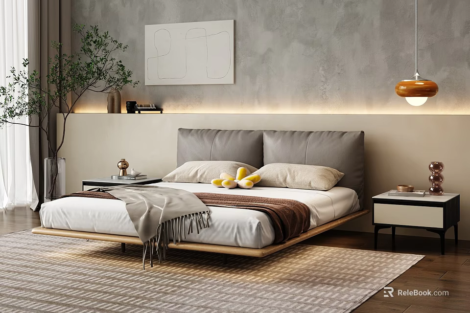 Modern Bedroom Interior With Double Bed Gray Wall Artwork Pendant Light And Bedside Tables 3d model 
