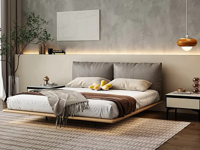 Modern Bedroom Interior With Double Bed Gray Wall Artwork Pendant Light And Bedside Tables 3d model