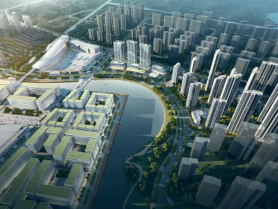Aerial Urban Planning Including River High Rise Buildings And Green Spaces 3d model