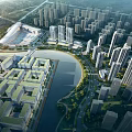 Aerial Urban Planning Including River High Rise Buildings And Green Spaces
