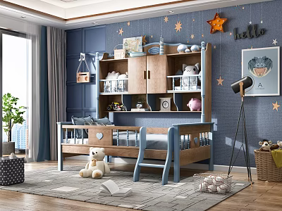 Cozy Kids Room With Blue Walls Star Decor And Wooden Bed 3d model