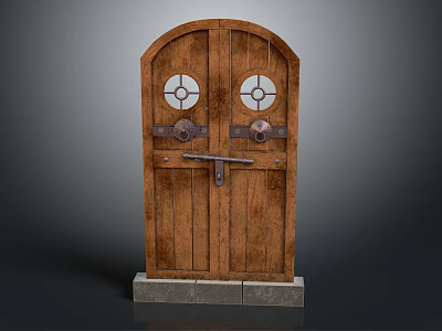 Classic Wooden Door Design With Arched Top Two Circular Glass Windows And Metal Hardware 3d model