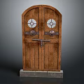 Classic Wooden Door Design With Arched Top Two Circular Glass Windows And Metal Hardware