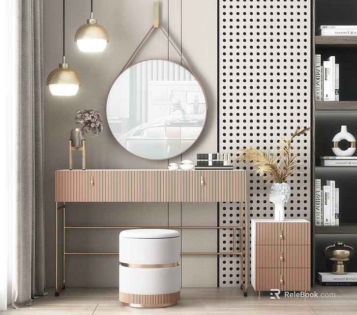 Elegant Modern Dressing Table With Round Mirror Golden Frame White Stool Drawers And Decorative Items 3d model 