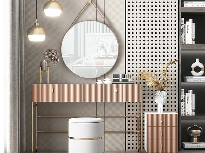 Elegant Modern Dressing Table With Round Mirror Golden Frame White Stool Drawers And Decorative Items 3d model
